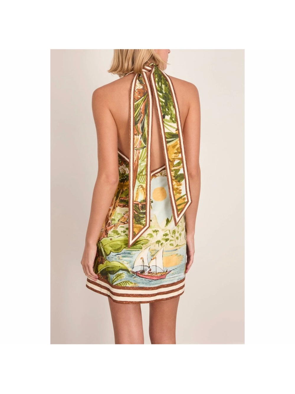 Alemais Tropical Halter Mini Dress in Green, Blue, Brown - Picture 4 of 7